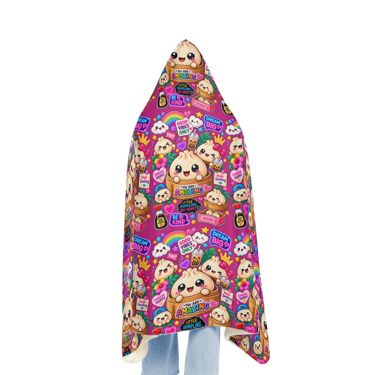 Kawaii Dumpling Print Hooded Blanket: Cozy Polyester Sherpa Lined Wearable Blanket