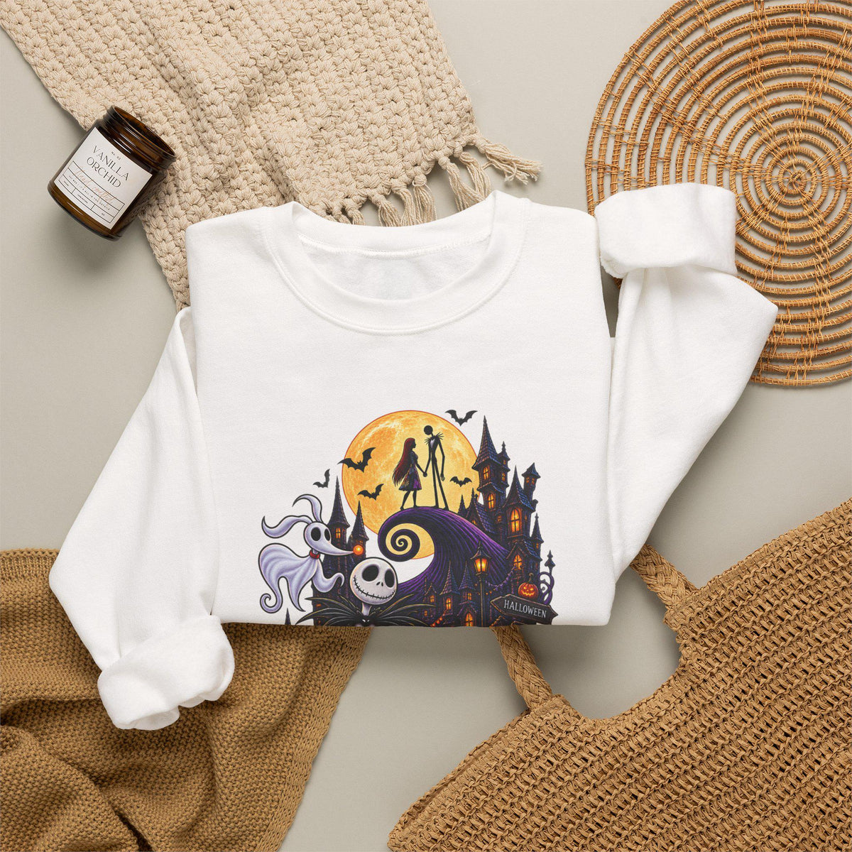Halloween Town Crewneck Sweatshirt | Jack Skellington Haunted House Design