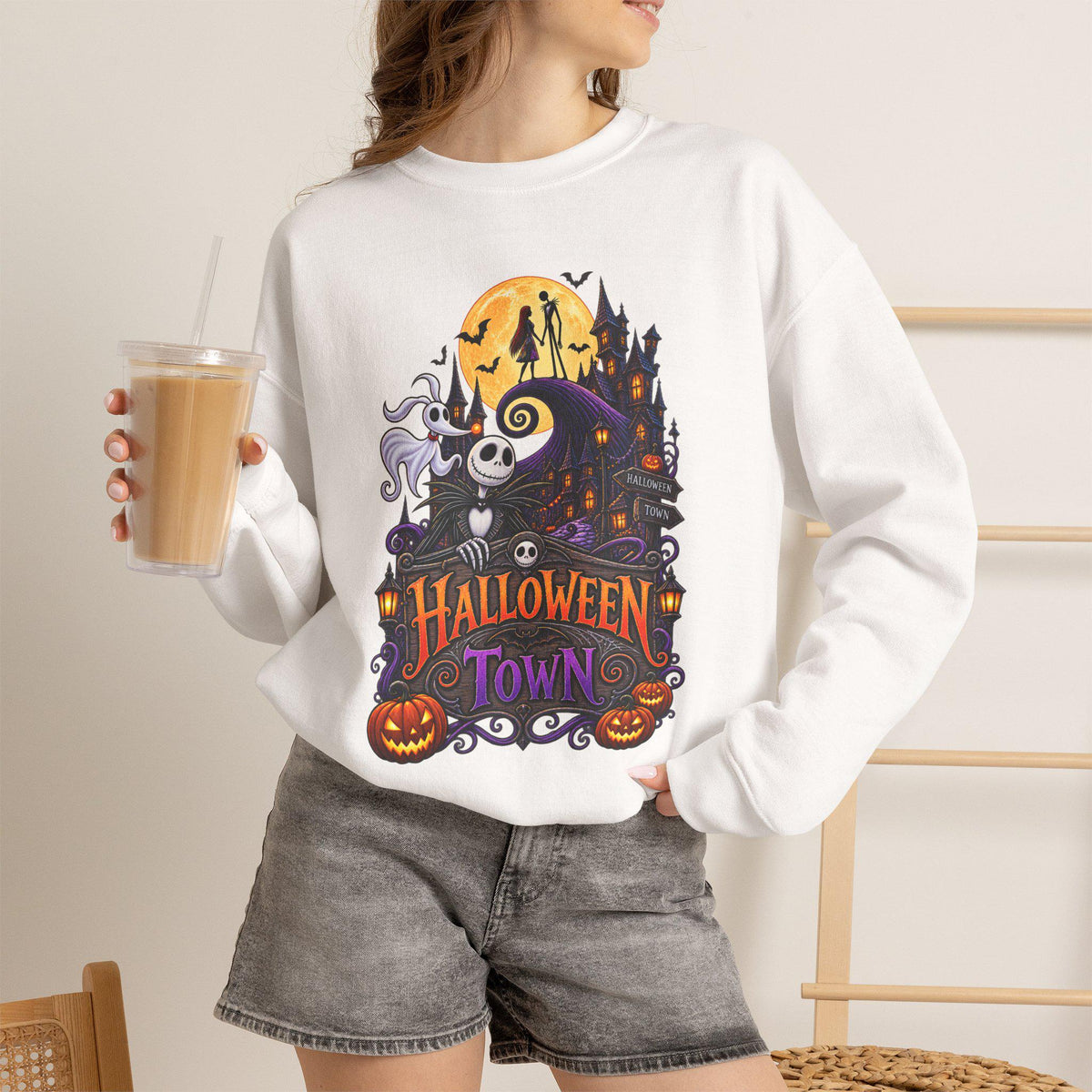 Halloween Town Crewneck Sweatshirt | Jack Skellington Haunted House Design