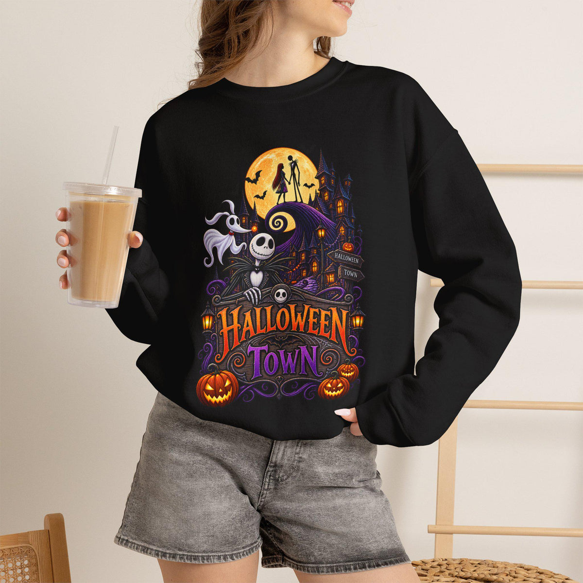 Halloween Town Crewneck Sweatshirt | Jack Skellington Haunted House Design