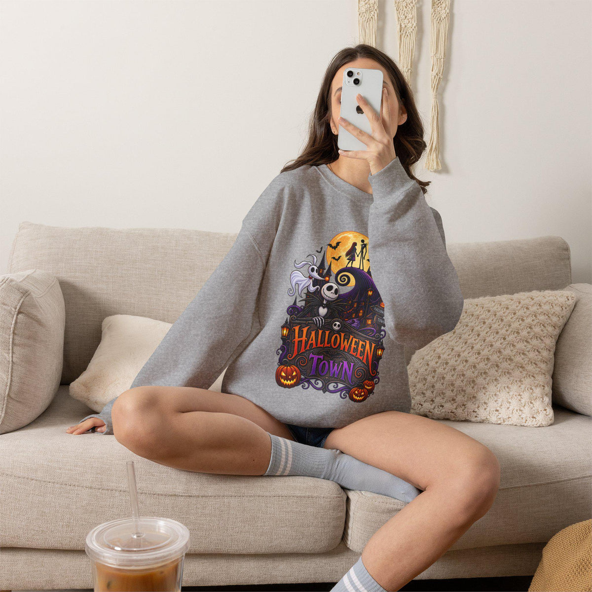 Halloween Town Crewneck Sweatshirt | Jack Skellington Haunted House Design