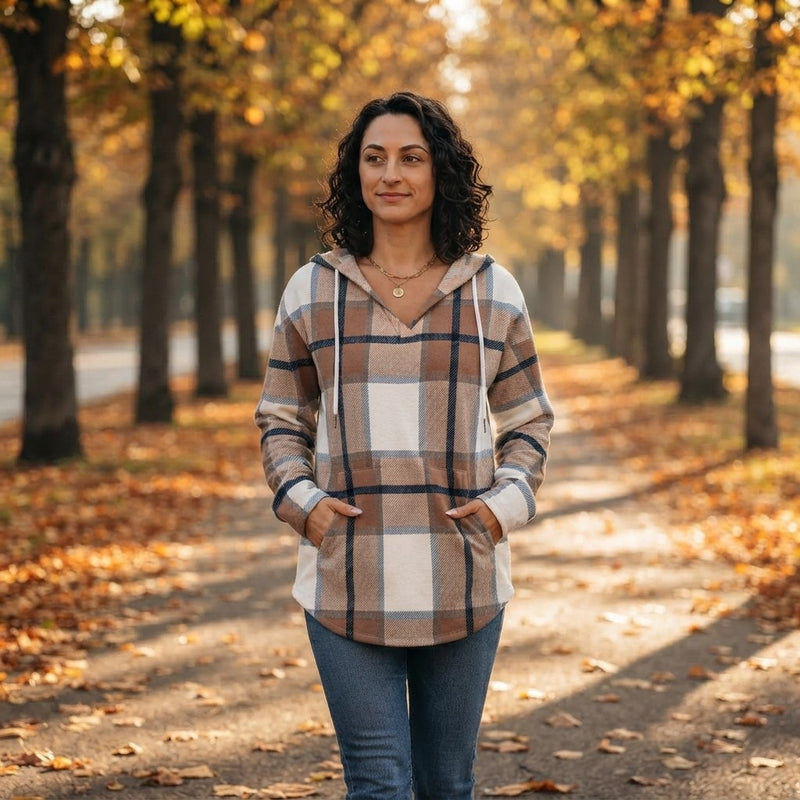 Bofell Plaid V Neck Hoodie
